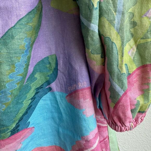 Farm Rio Dress Beach Vibe Mini Cut Out Size XL Balloon Sleeve Palm Tree Linen - Picture 6 of 7